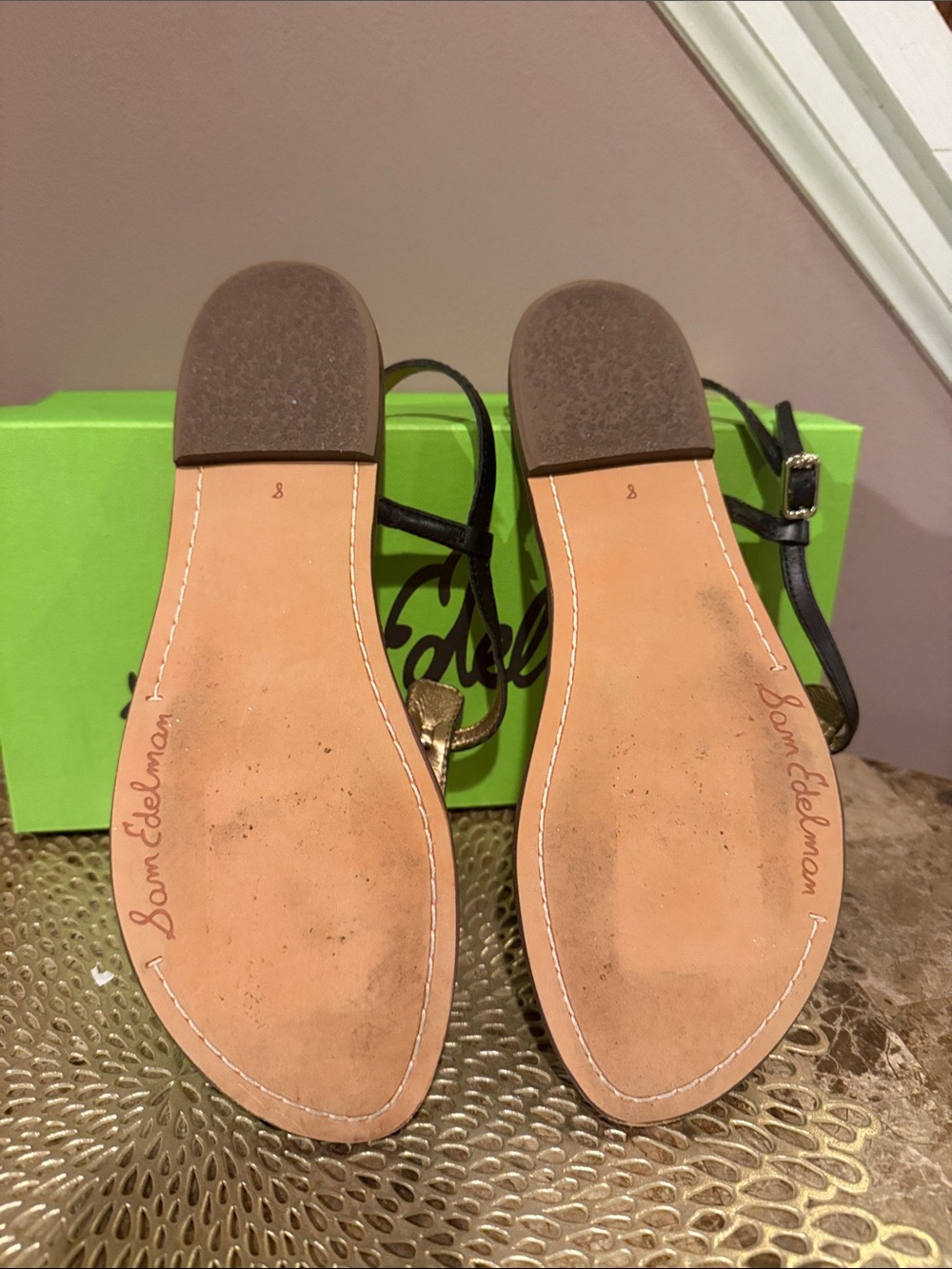 Sam Edelman Black Leather T-Strap Croc-Embossed Footbed Sandals - Picture 5 of 8